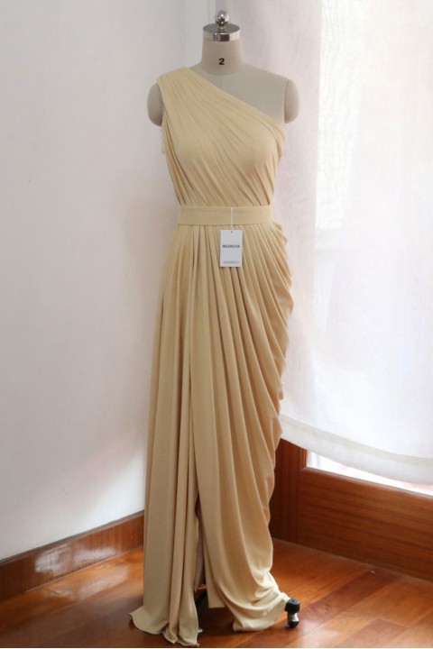 One Shoulder Draped Side Slit Bridesmaid Dress with Belt