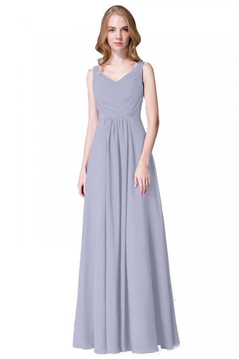 Elegant V-Back Chiffon Tank Bridesmaid Dress with Mesh Lace Inset