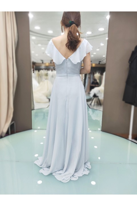 Ruffles Cap Sleeve V Neck & Back Chiffon Bridesmaid Dress with Tied Waist