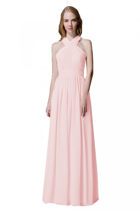 Criss-cross Halter Pleated Chiffon Bridesmaid Dress with Cross-straps Back