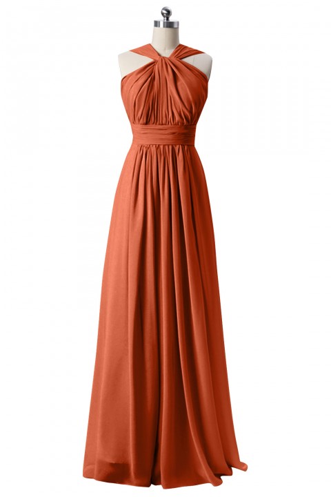 Twisted Halter Neck Pleated Bodice Illusion Back Chiffon Long Bridesmaid Dress