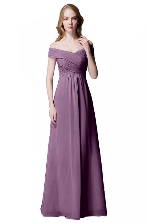 Crisscross Off-the-Shoulder Pleated V-back Bridesmaid Dress Long