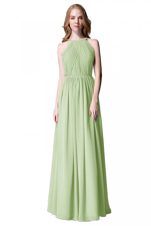 Pleated A-Line Halter Spaghetti-Straps Back Chiffon Bridesmaid Dress