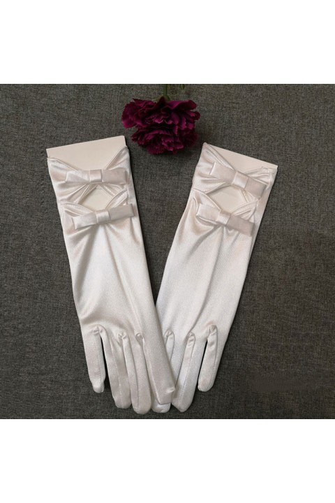 White Satin Bow Decor Wedding Bridal Gloves