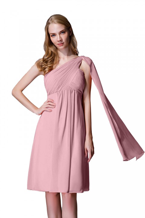 One-Shoulder Pleated Chiffon Short Bridesmaid Dress With Flowing Cape