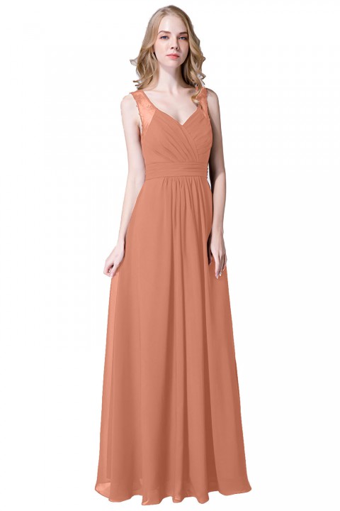 V Neck Illusion Lace Straps Keyhole Back Chiffon Ruched Bridesmaid Dress