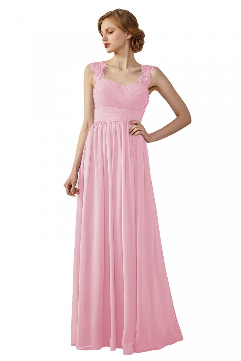 Pleated Long Chiffon Open Back Lace Strap Bridesmaid Dress