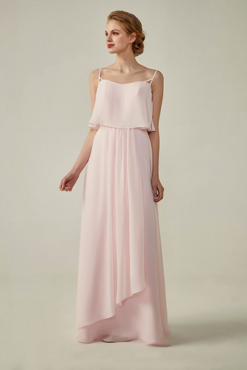 Boho Spaghetti Straps Chiffon V-Back Bridesmaid Dress with Flounce