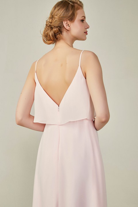 Boho Spaghetti Straps Chiffon V-Back Bridesmaid Dress with Flounce