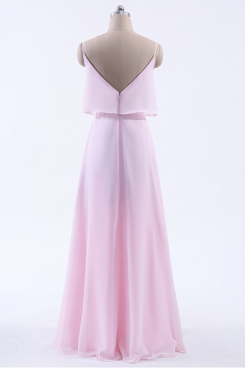 Boho Spaghetti Straps Chiffon V-Back Bridesmaid Dress with Flounce