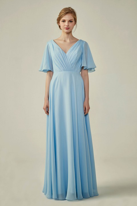 Casual V-Neck Flutter Sleeves Chiffon Ruched Bridesmaid Dress with Keyhole Back