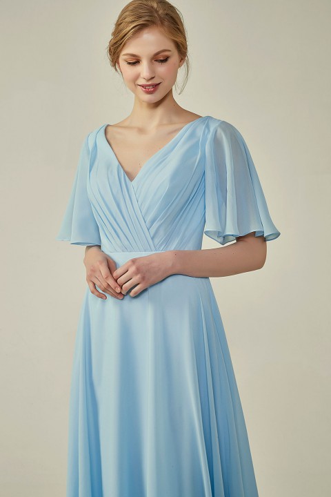 Casual V-Neck Flutter Sleeves Chiffon Ruched Bridesmaid Dress with Keyhole Back