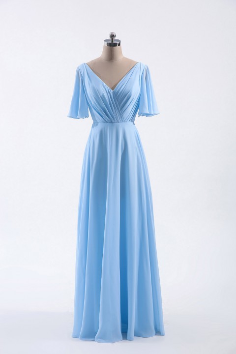 Casual V-Neck Flutter Sleeves Chiffon Ruched Bridesmaid Dress with Keyhole Back