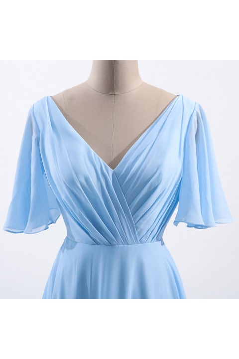 Casual V-Neck Flutter Sleeves Chiffon Ruched Bridesmaid Dress with Keyhole Back