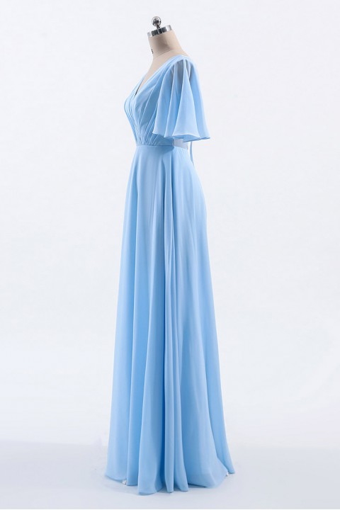 Casual V-Neck Flutter Sleeves Chiffon Ruched Bridesmaid Dress with Keyhole Back