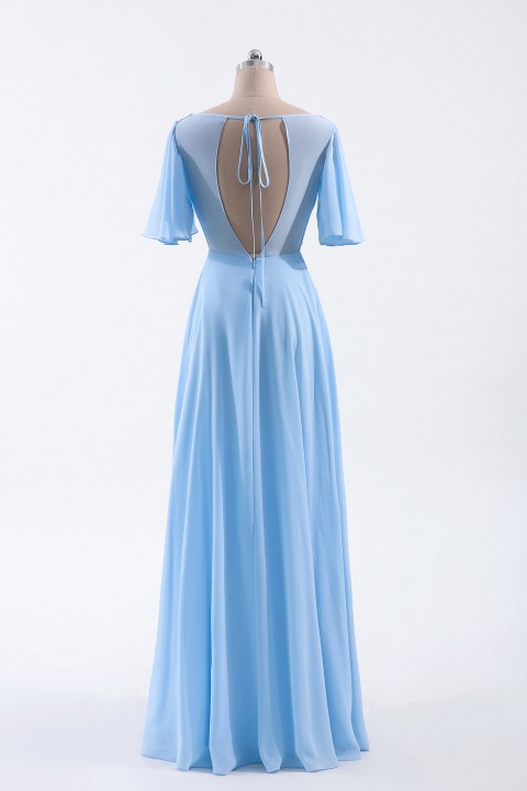 Casual V-Neck Flutter Sleeves Chiffon Ruched Bridesmaid Dress with Keyhole Back