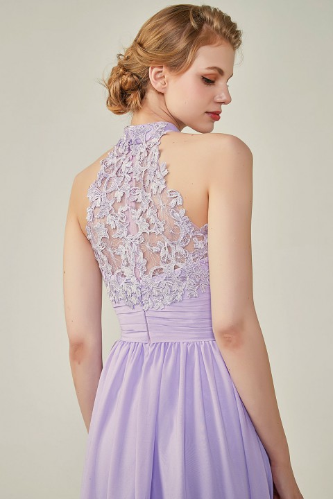 High Neck Chiffon Lace Triangle Back Halter Bridesmaid Dress