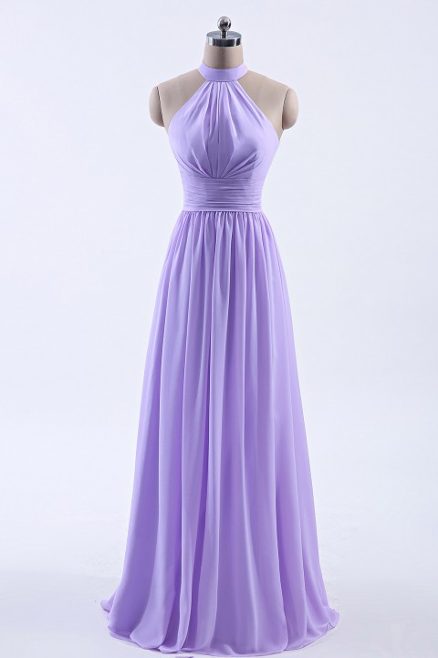 High Neck Chiffon Lace Triangle Back Halter Bridesmaid Dress