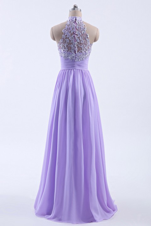 High Neck Chiffon Lace Triangle Back Halter Bridesmaid Dress