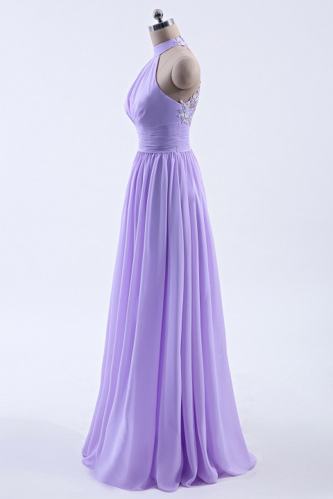 High Neck Chiffon Lace Triangle Back Halter Bridesmaid Dress