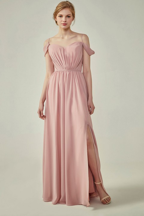 A-Line Cold Shoulder Spaghetti Straps Chiffon Bridesmaid Dress with Side Slit