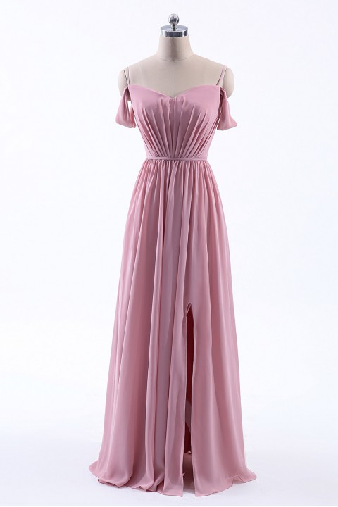 A-Line Cold Shoulder Spaghetti Straps Chiffon Bridesmaid Dress with Side Slit