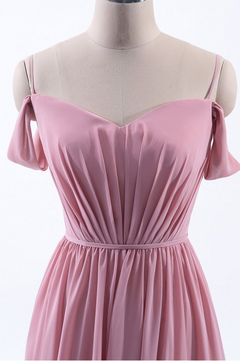 A-Line Cold Shoulder Spaghetti Straps Chiffon Bridesmaid Dress with Side Slit