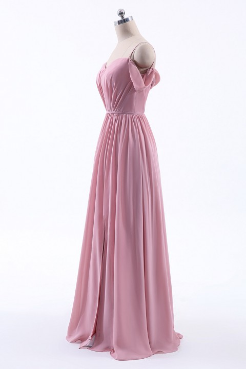 A-Line Cold Shoulder Spaghetti Straps Chiffon Bridesmaid Dress with Side Slit