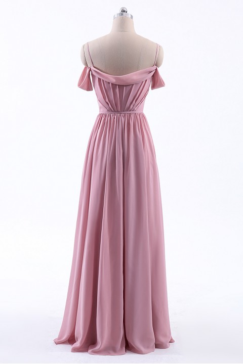 A-Line Cold Shoulder Spaghetti Straps Chiffon Bridesmaid Dress with Side Slit