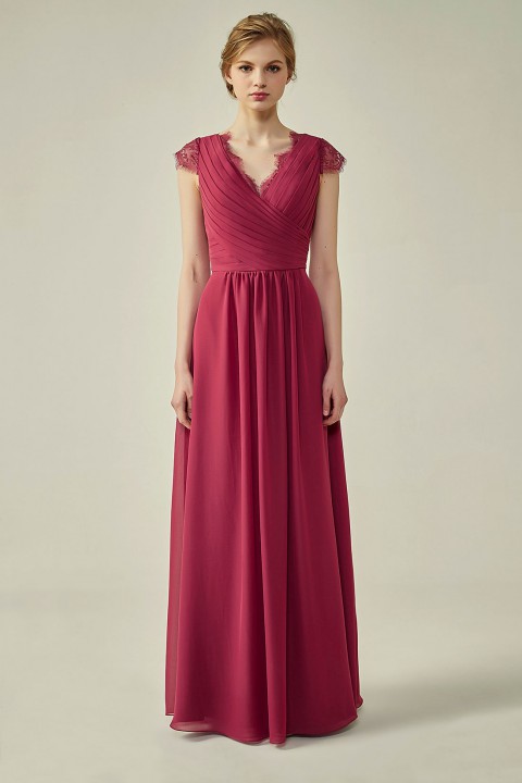 Lace Cap Sleeves  V-Neck Lace Back Closure with Keyhole Bridesmaid Dress