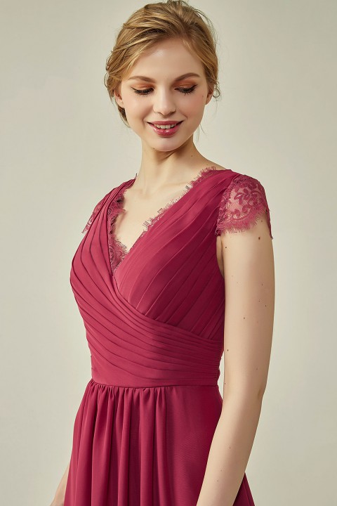 Lace Cap Sleeves  V-Neck Lace Back Closure with Keyhole Bridesmaid Dress