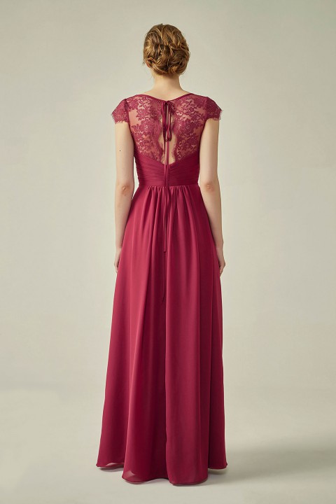 Lace Cap Sleeves  V-Neck Lace Back Closure with Keyhole Bridesmaid Dress