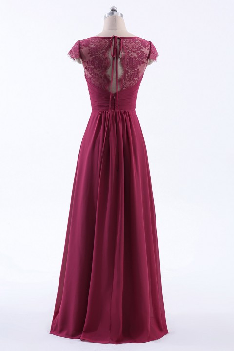 Lace Cap Sleeves  V-Neck Lace Back Closure with Keyhole Bridesmaid Dress