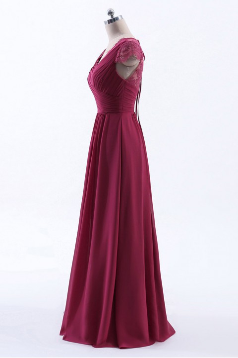 Lace Cap Sleeves  V-Neck Lace Back Closure with Keyhole Bridesmaid Dress