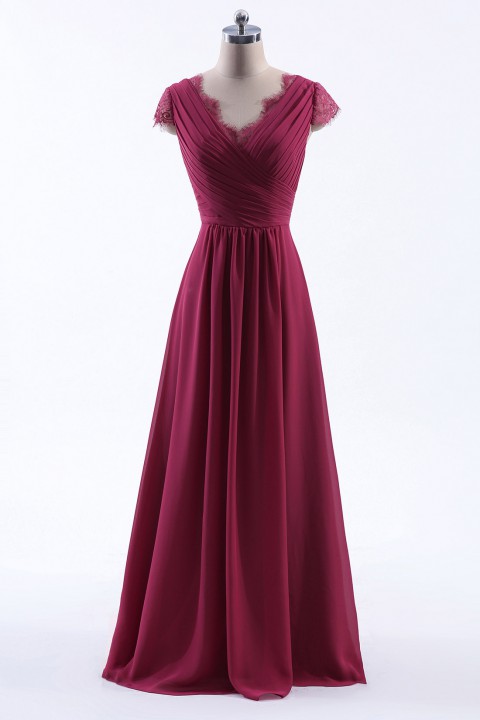 Lace Cap Sleeves  V-Neck Lace Back Closure with Keyhole Bridesmaid Dress