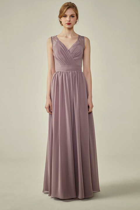 Lace Illusion Back Closure with Button Ruched V-Neck Bridesmaid Dress 