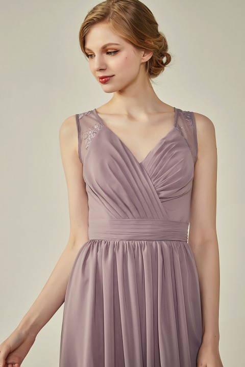 Lace Illusion Back Closure with Button Ruched V-Neck Bridesmaid Dress 