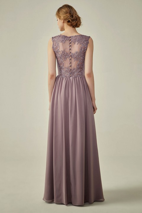 Lace Illusion Back Closure with Button Ruched V-Neck Bridesmaid Dress 