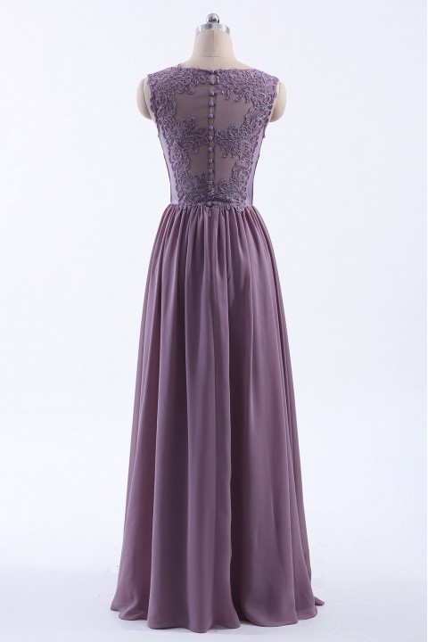 Lace Illusion Back Closure with Button Ruched V-Neck Bridesmaid Dress 