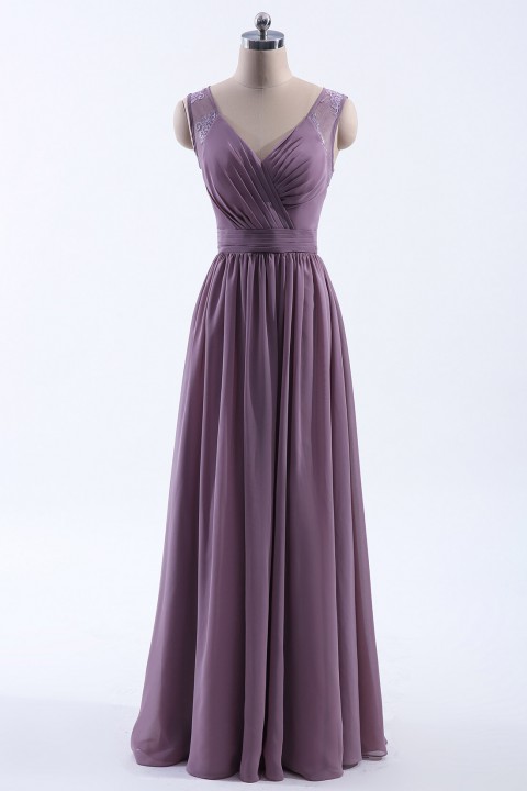 Lace Illusion Back Closure with Button Ruched V-Neck Bridesmaid Dress 