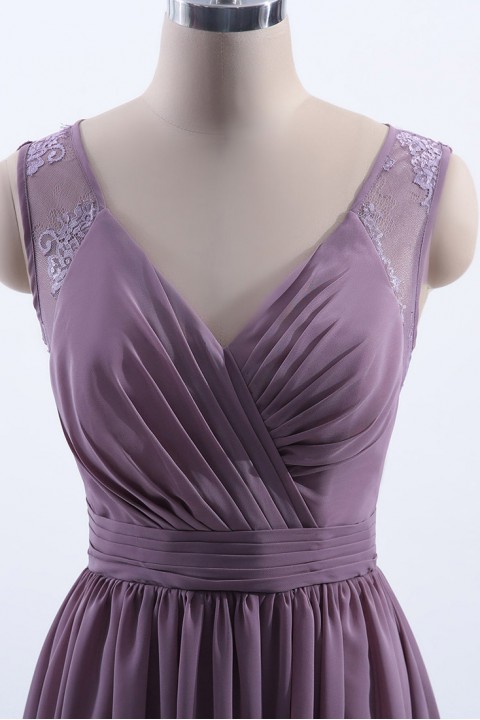 Lace Illusion Back Closure with Button Ruched V-Neck Bridesmaid Dress 