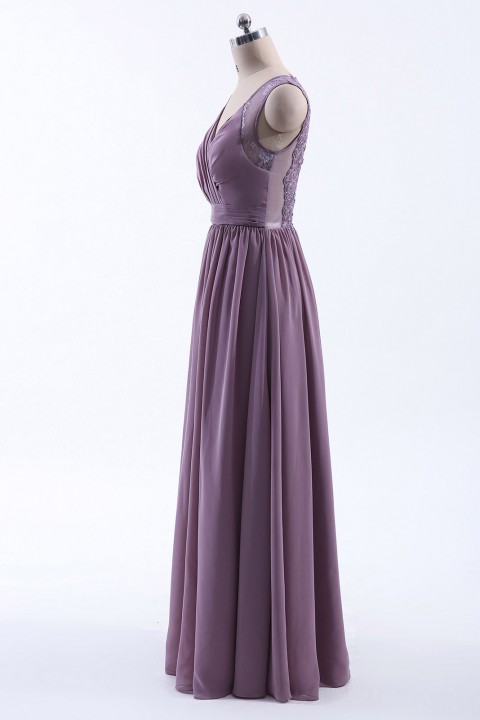 Lace Illusion Back Closure with Button Ruched V-Neck Bridesmaid Dress 