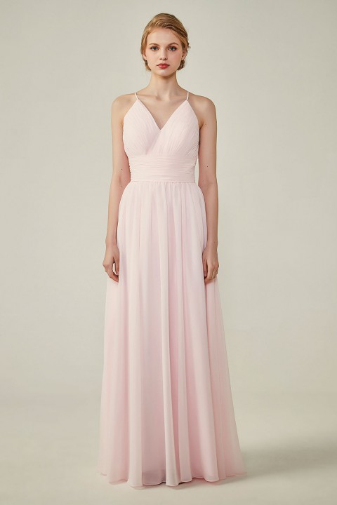 Spaghetti Straps V-Neck Bridesmaid Dress Open Back with Triangle Lace Detail