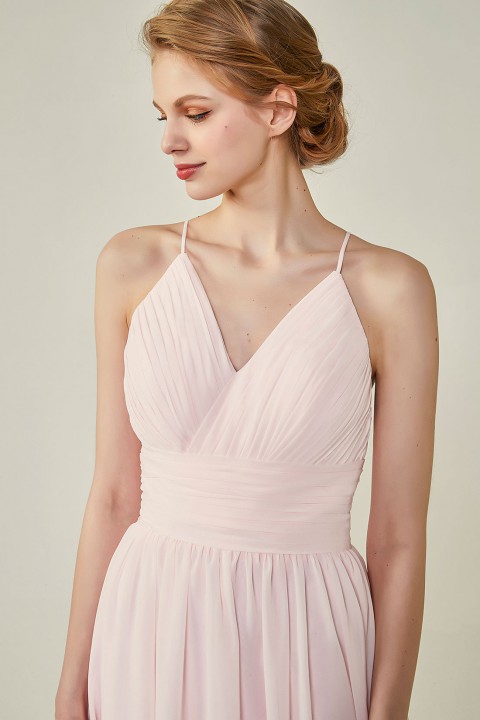 Spaghetti Straps V-Neck Bridesmaid Dress Open Back with Triangle Lace Detail