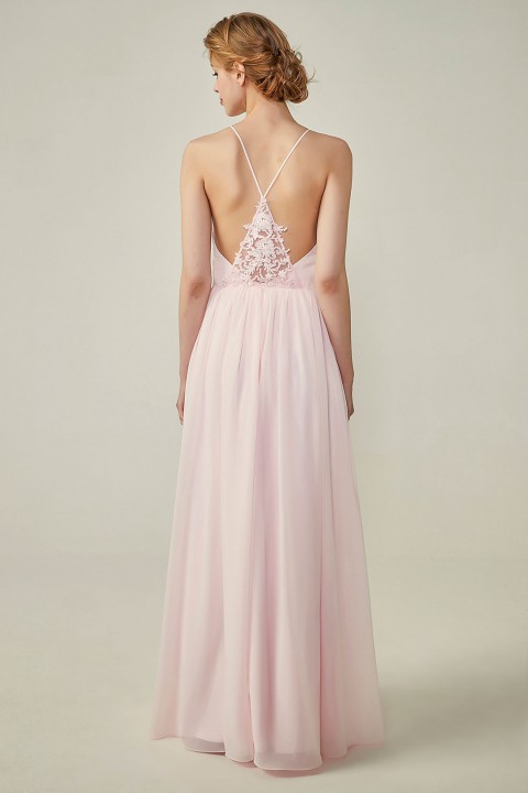 Spaghetti Straps V-Neck Bridesmaid Dress Open Back with Triangle Lace Detail