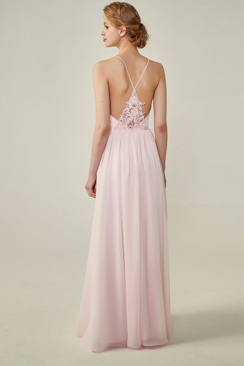 Spaghetti Straps V-Neck Bridesmaid Dress Open Back with Triangle Lace Detail