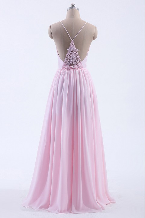 Spaghetti Straps V-Neck Bridesmaid Dress Open Back with Triangle Lace Detail