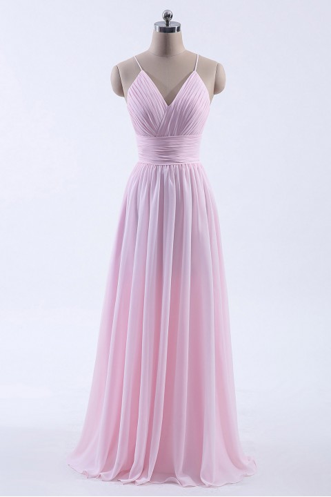 Spaghetti Straps V-Neck Bridesmaid Dress Open Back with Triangle Lace Detail