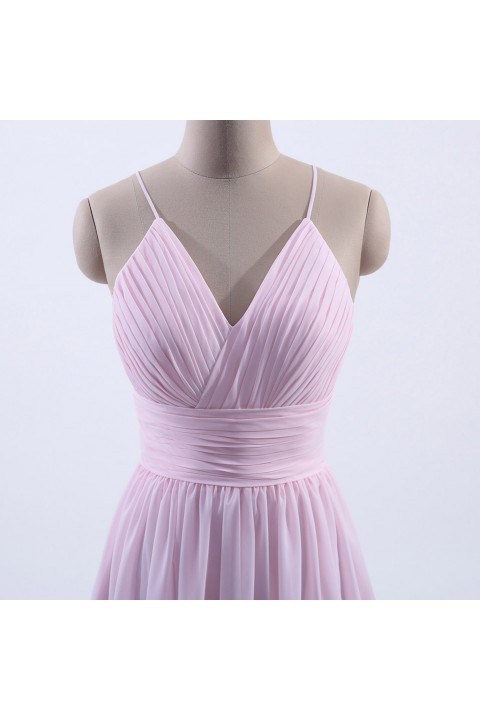 Spaghetti Straps V-Neck Bridesmaid Dress Open Back with Triangle Lace Detail