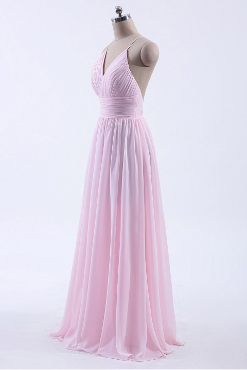 Spaghetti Straps V-Neck Bridesmaid Dress Open Back with Triangle Lace Detail